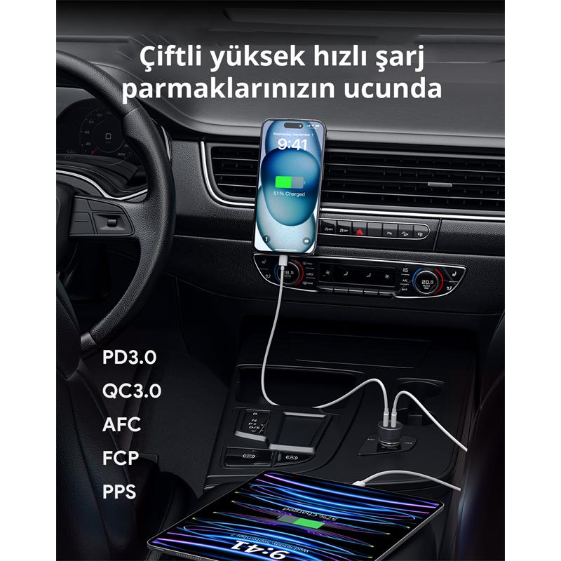 AUKEY CC-Y23-BK 65W 2* TYPE-C PD ARAÇ ŞARJ CİHAZI 