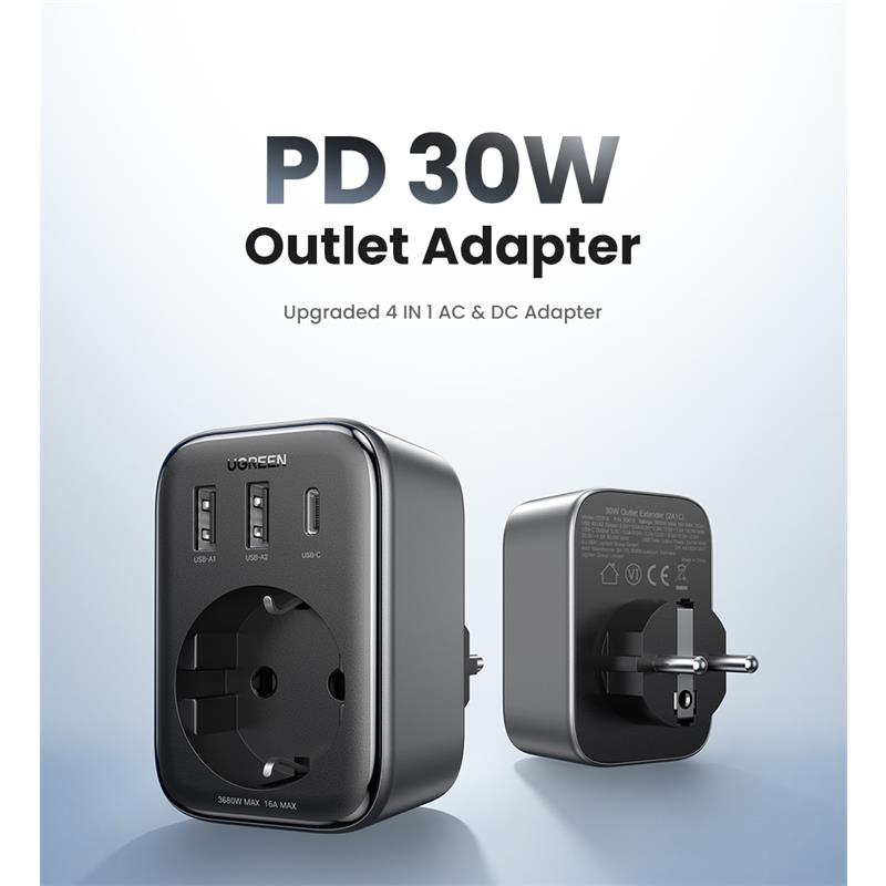 UGREEN AKIM KORUMALI DUVAR PRİZİ 2XUSB-A TYPE-C 30W GAN HIZLI ŞARJ CİHAZI 90613 