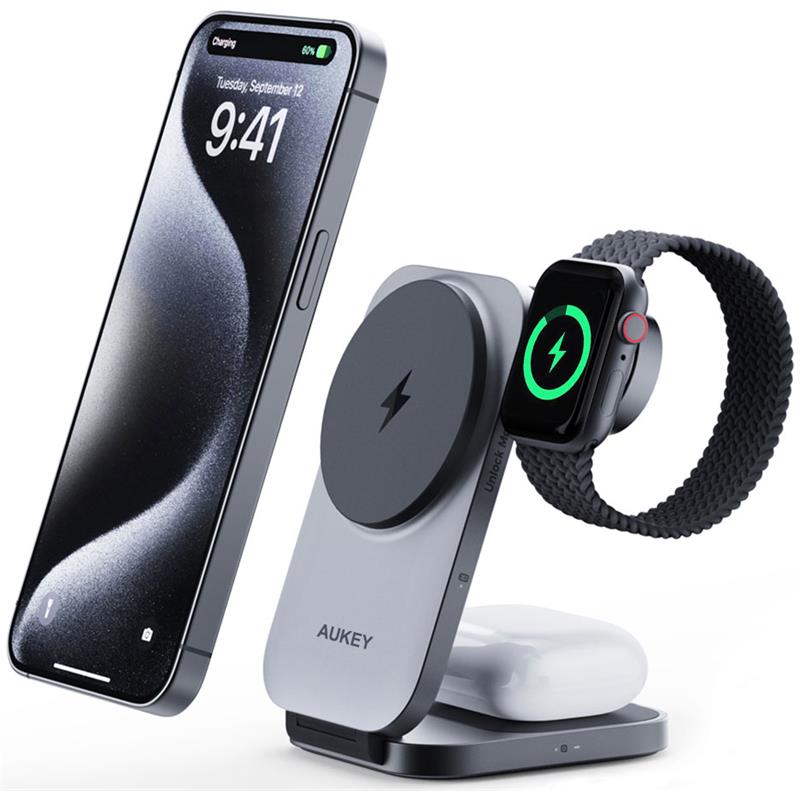 AUKEY LC-MC312-GY MAGFUSION Z QI2 15W KATLANABİLİR 3 Ü 1 ARADA MIKNATISLI KABLOSUZ ŞARJ CİHAZI 